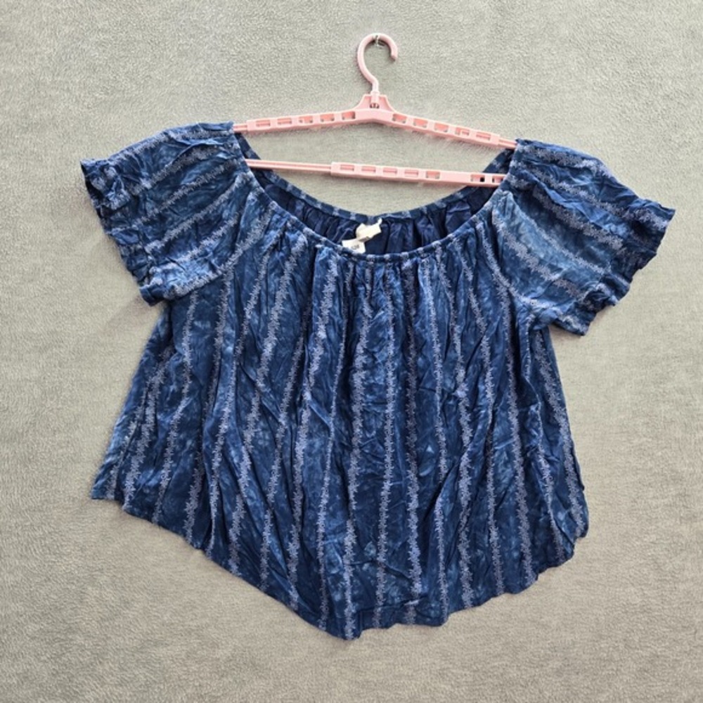 Knox Rose Women Top 2X Blue Floral Blouse Embroidered Tie Dye Off Shoulder